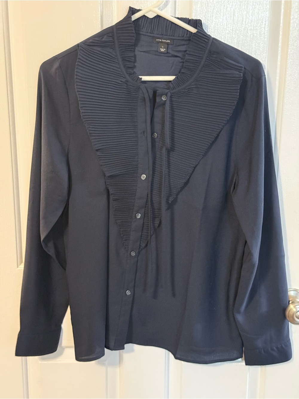 Ann Taylor Navy Pleated V-Bib Button-Down Blouse